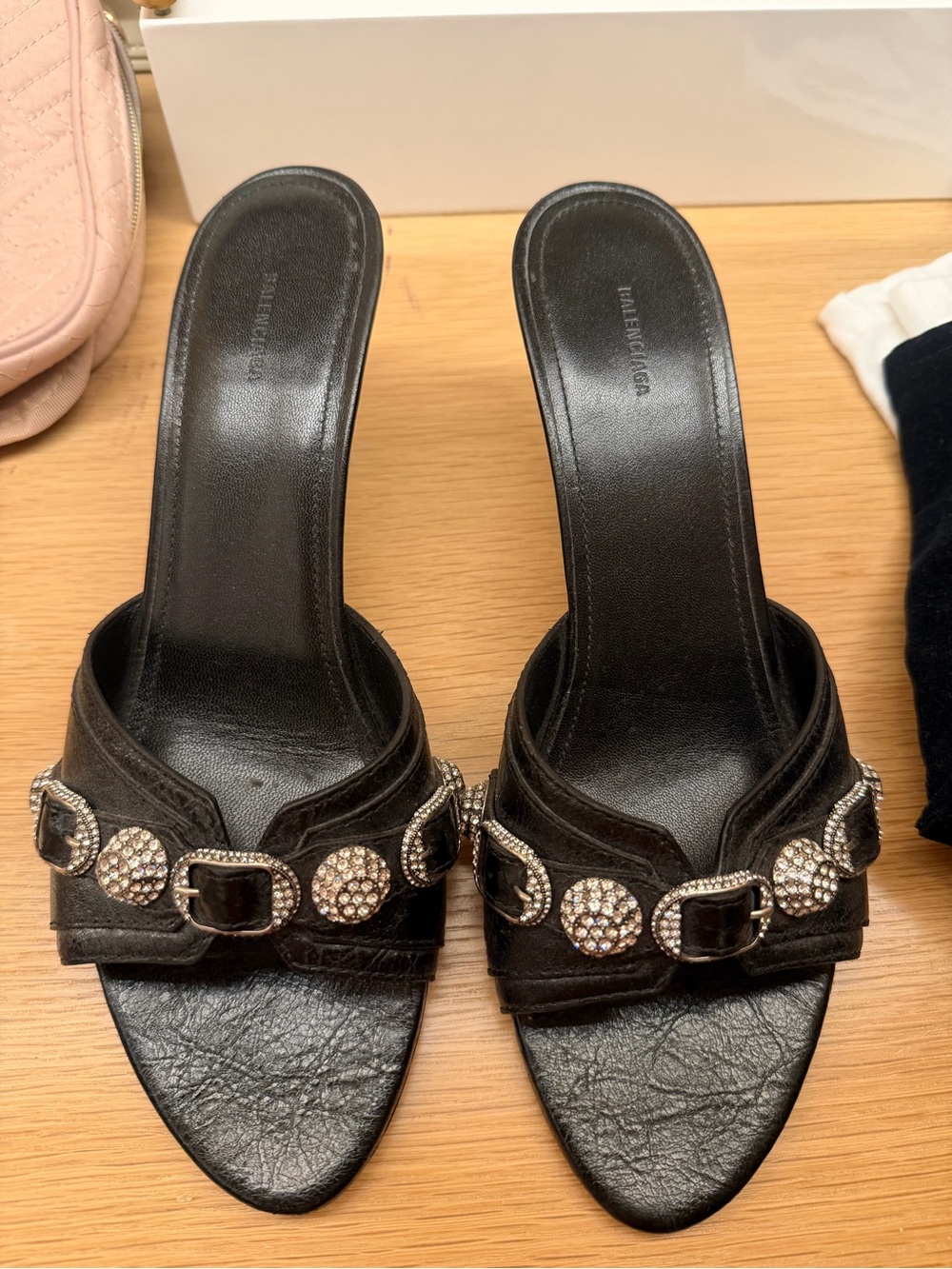 Balenciaga Black Rhinestone Buckle Slide Mules